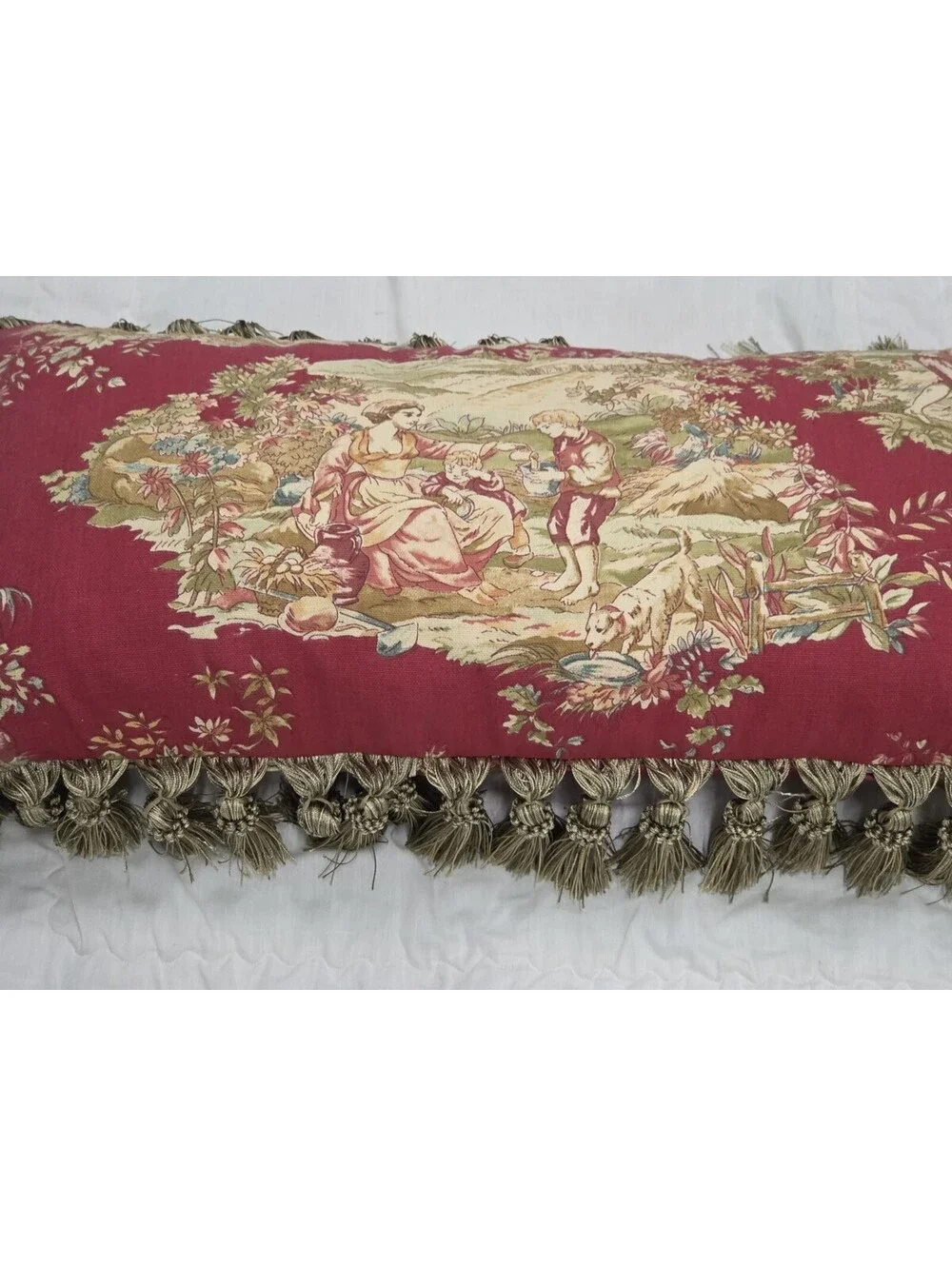 Wesley Hall 11 x 21 Fremont Red Pastorale Toile De Jouy Fringed Throw Pillow Vtg